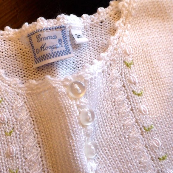 Emma Morgan Baby Girl 3 MO White Knit Sweater Cardigan w/ Tiny Emboridery Roses - Picture 3 of 9